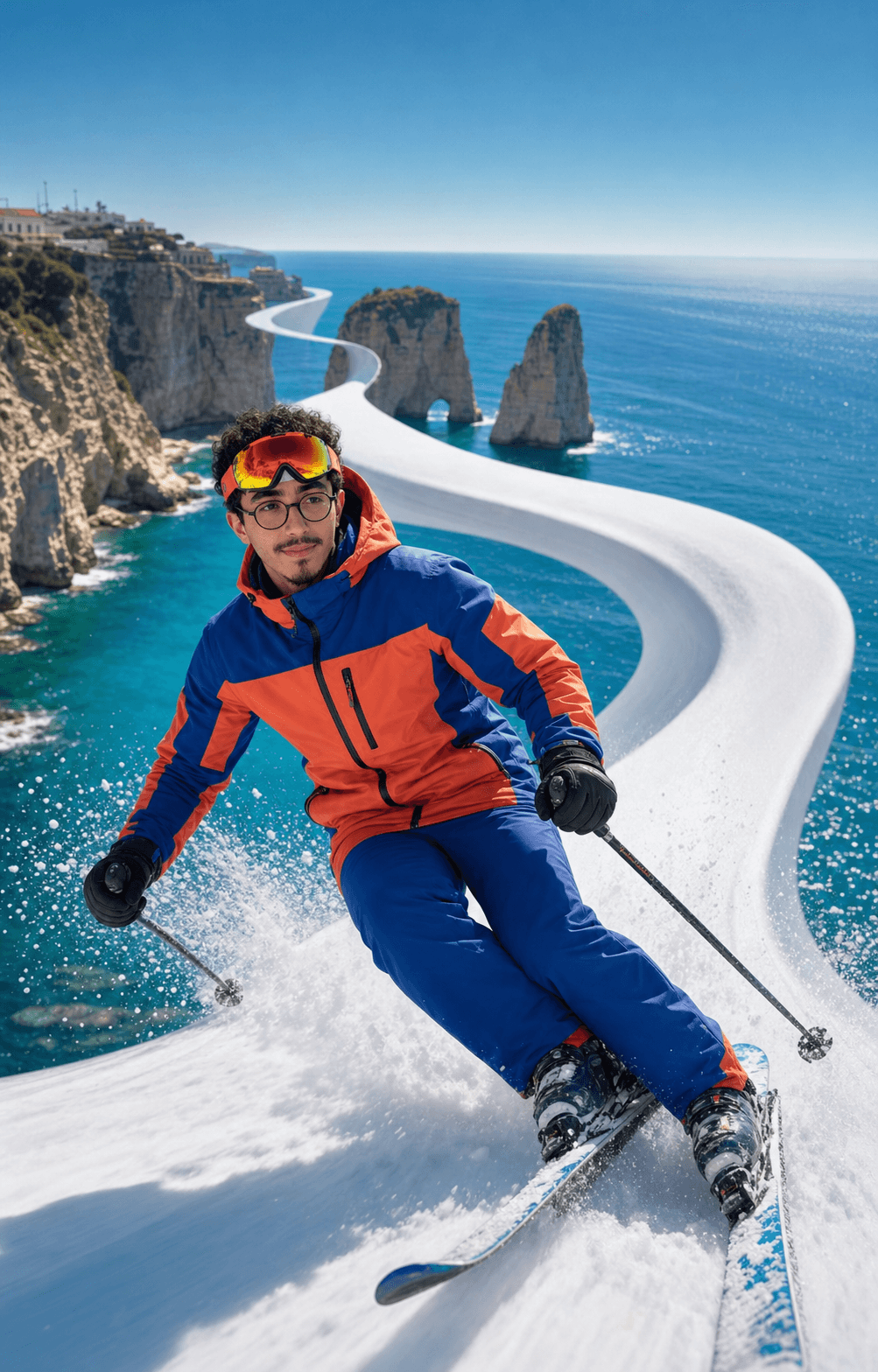 A surreal portrait of Charbel skiing above Mediterranean cliffs