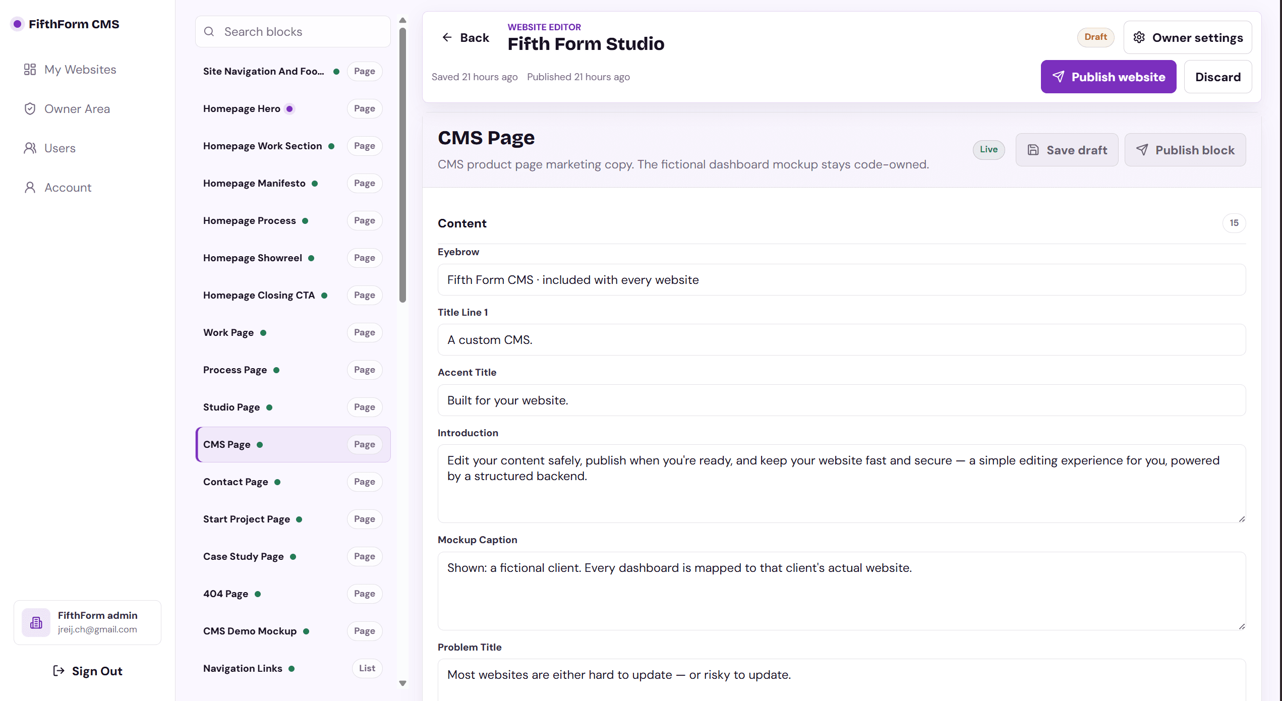 FifthForm CMS editor with structured page content fields and publishing controls