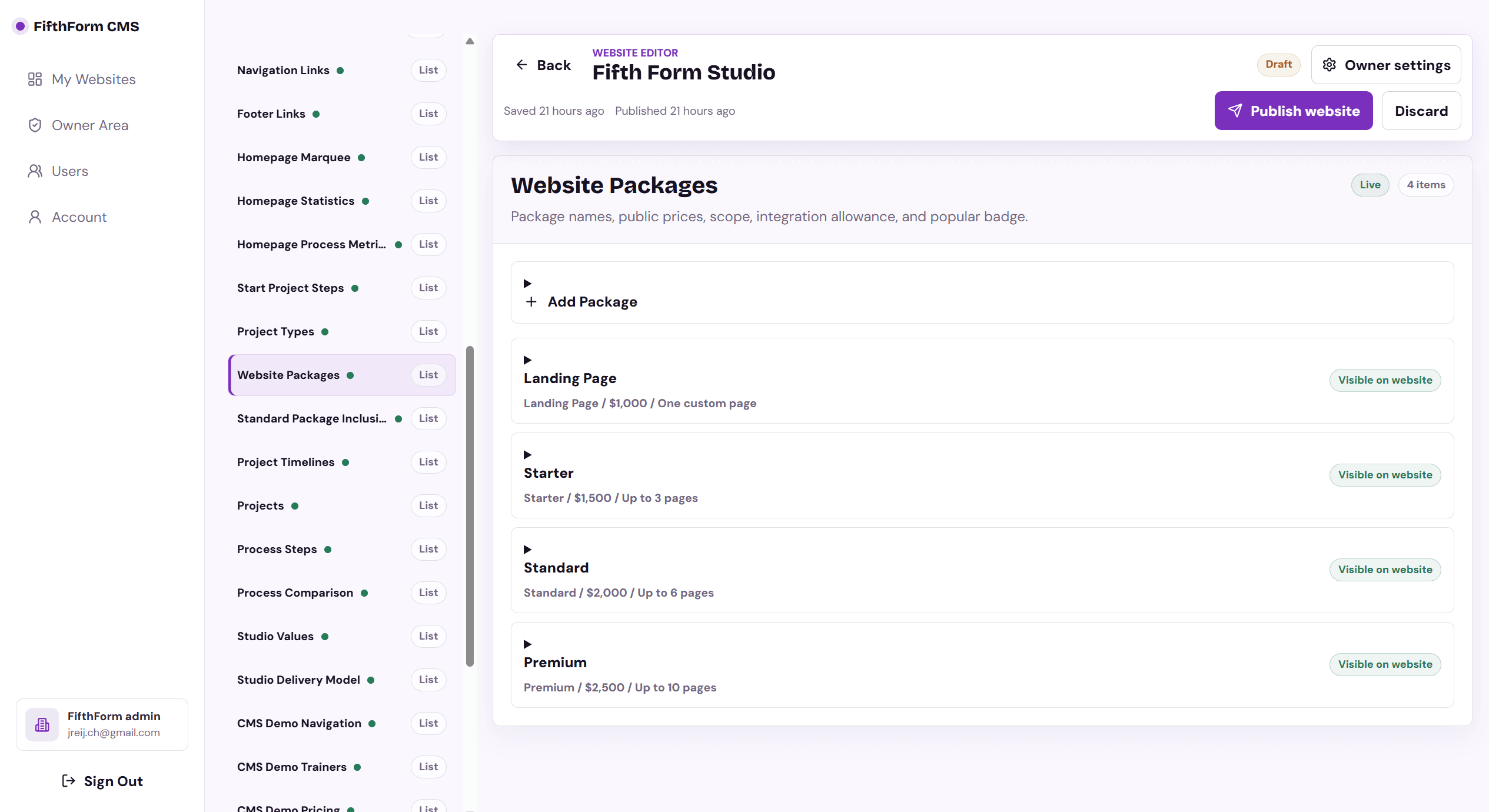 FifthForm CMS list editor for website packages