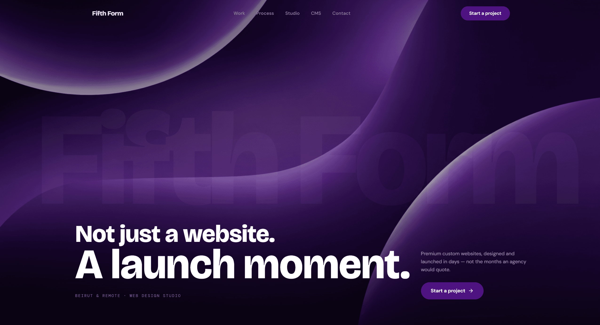 Fifth Form Studio website homepage featuring the launch moment concept