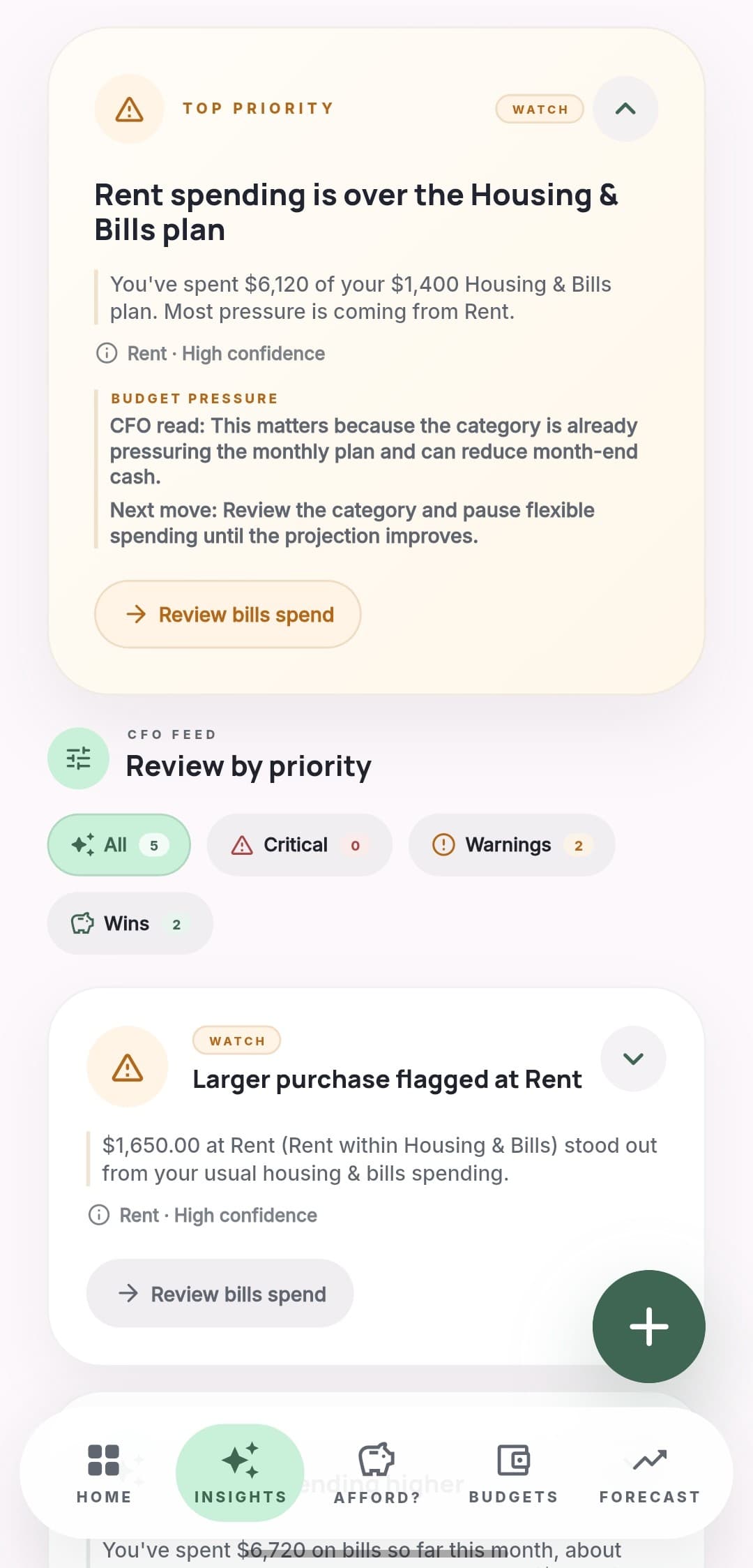 MyCFO mobile app insight screen prioritizing financial guidance